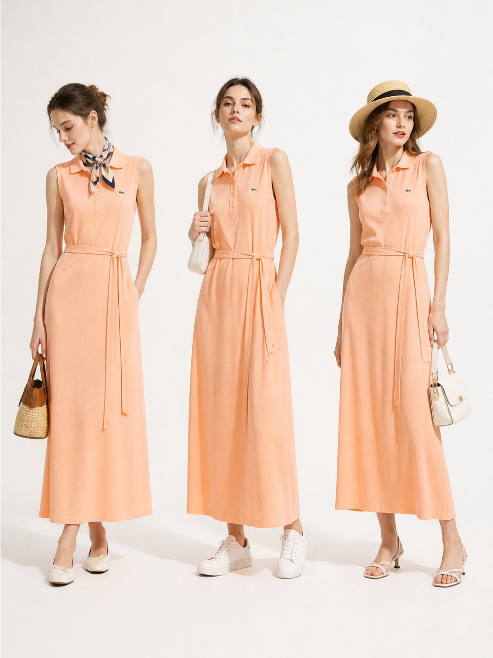 Lacoste Womens Peach Cotton Pique Sleeveless Polo Dress Size 44 Belted Midi